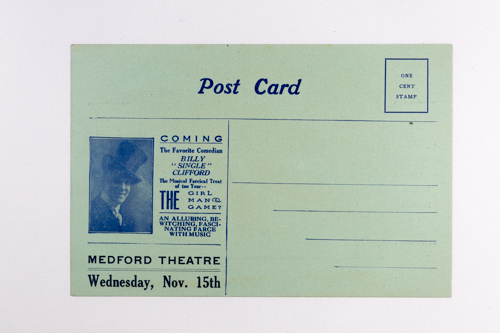 Postcard address side – Coming to the Medford Theatre Wednesday, Nov. 15th